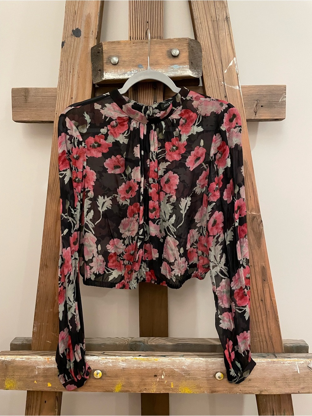 Jill Stuart Black Sheer Floral Tie-Neck Blouse